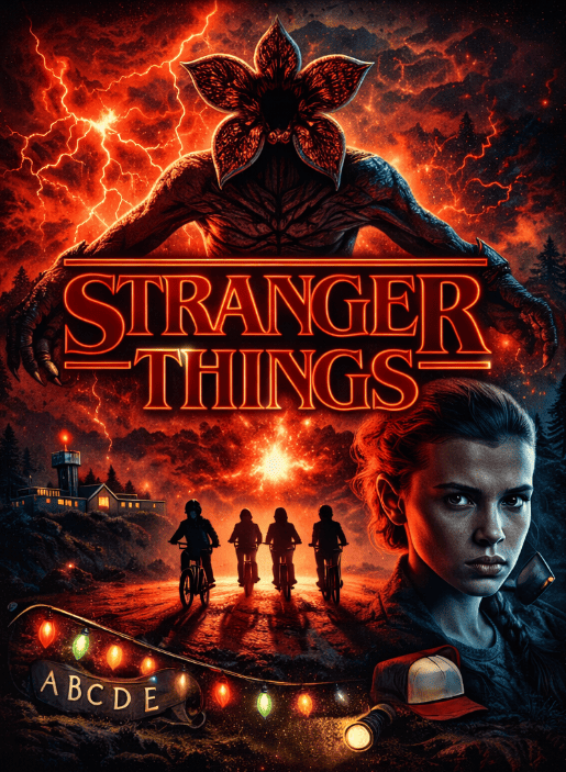 ИИ-иллюстрация постера сериала Очень странные дела: все сезоны